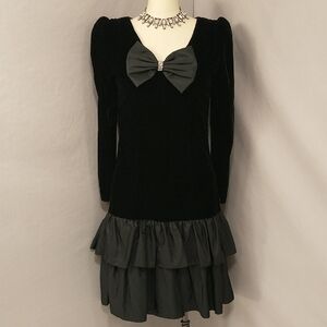 Flirty Party Dress Vintage Patra Velvet w Taffeta Ruffle Hem & Bow w Rhinestone